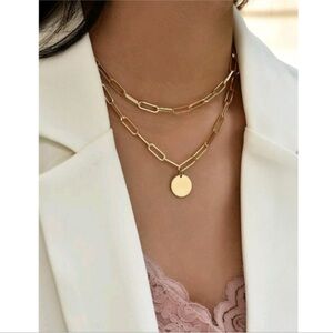 NEW! 18k Gold Plated Paperclip Two Layer with Disc Charm Gold Necklace